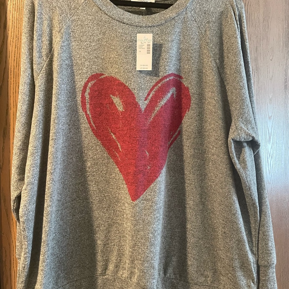 Maurices Gray and Red Crew Neck Sweater with Heart Design
